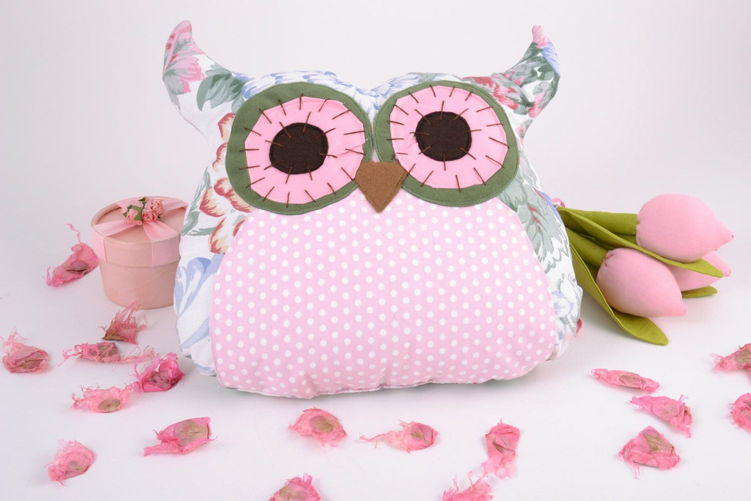 Handmade decorative soft pillow pet sewn of fabric in pink color palette Owl photo 1