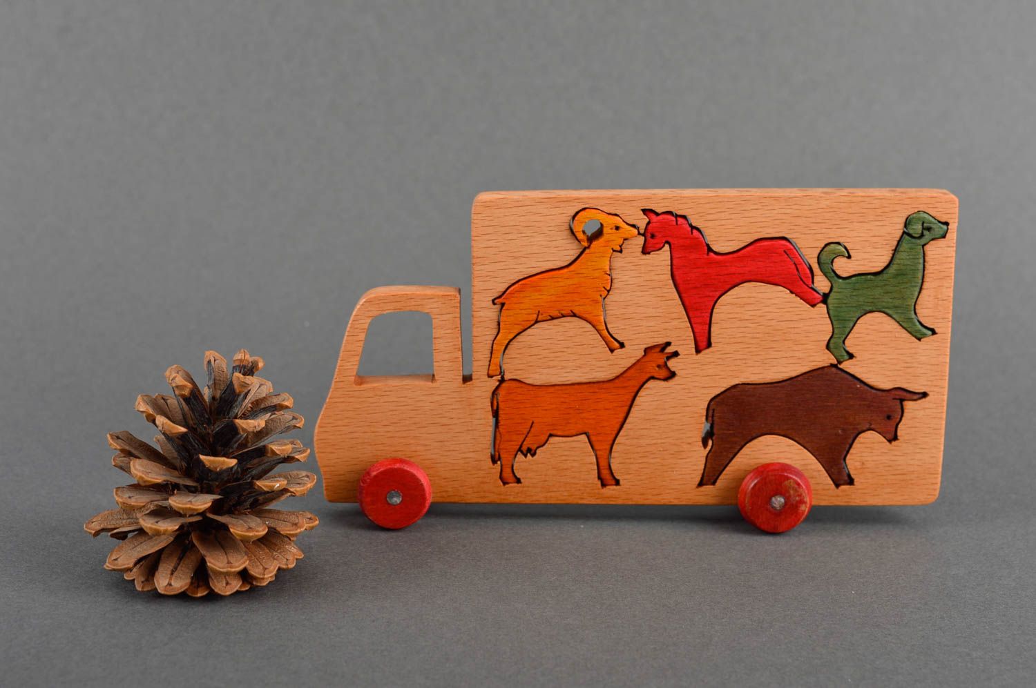Puzzle 3D en bois fait main Jouet d'éveil voiture avec animaux Cadeau bébé photo 1