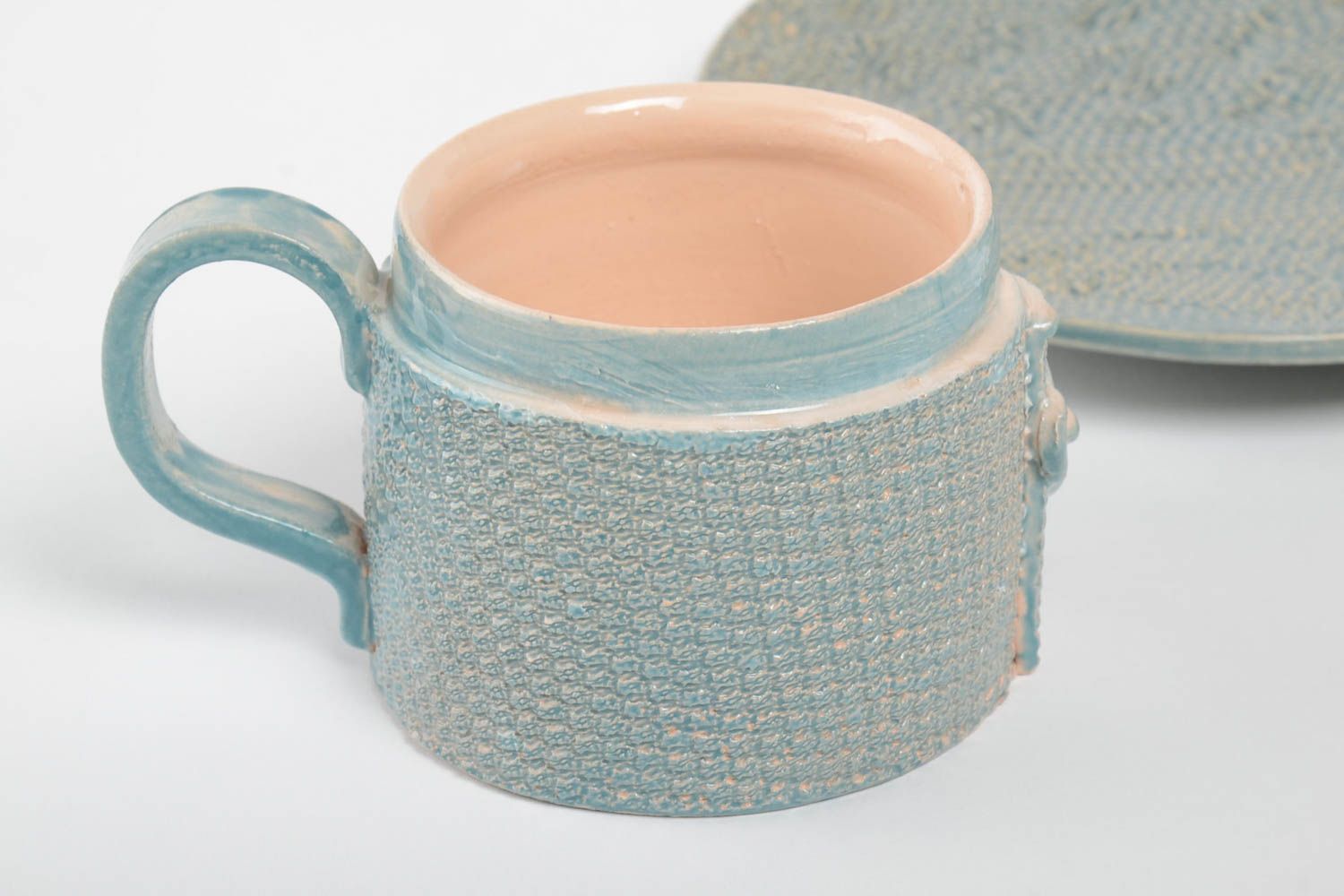 Art clay cup in grey color with knitted textile cotton pattern photo 3