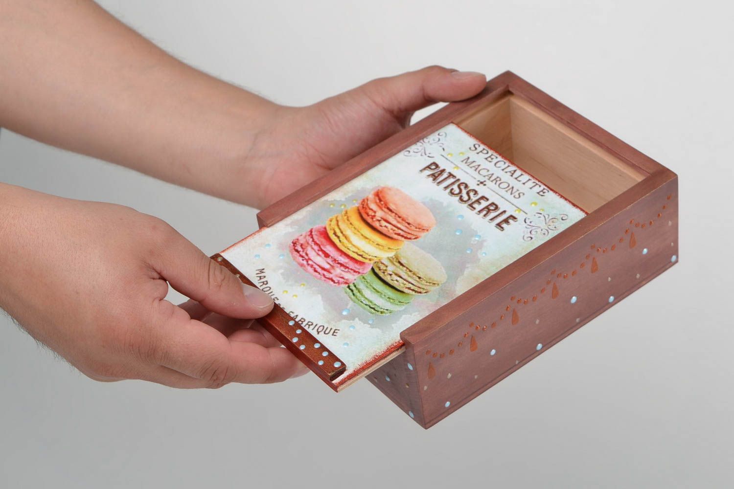 Caja para té de madera hecha a mano decorada de decoupage original estilosa foto 5