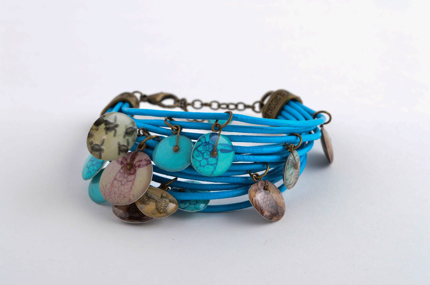 Handmade cute leather bracelet blue wrist jewelry designer stylish bracelet photo 3