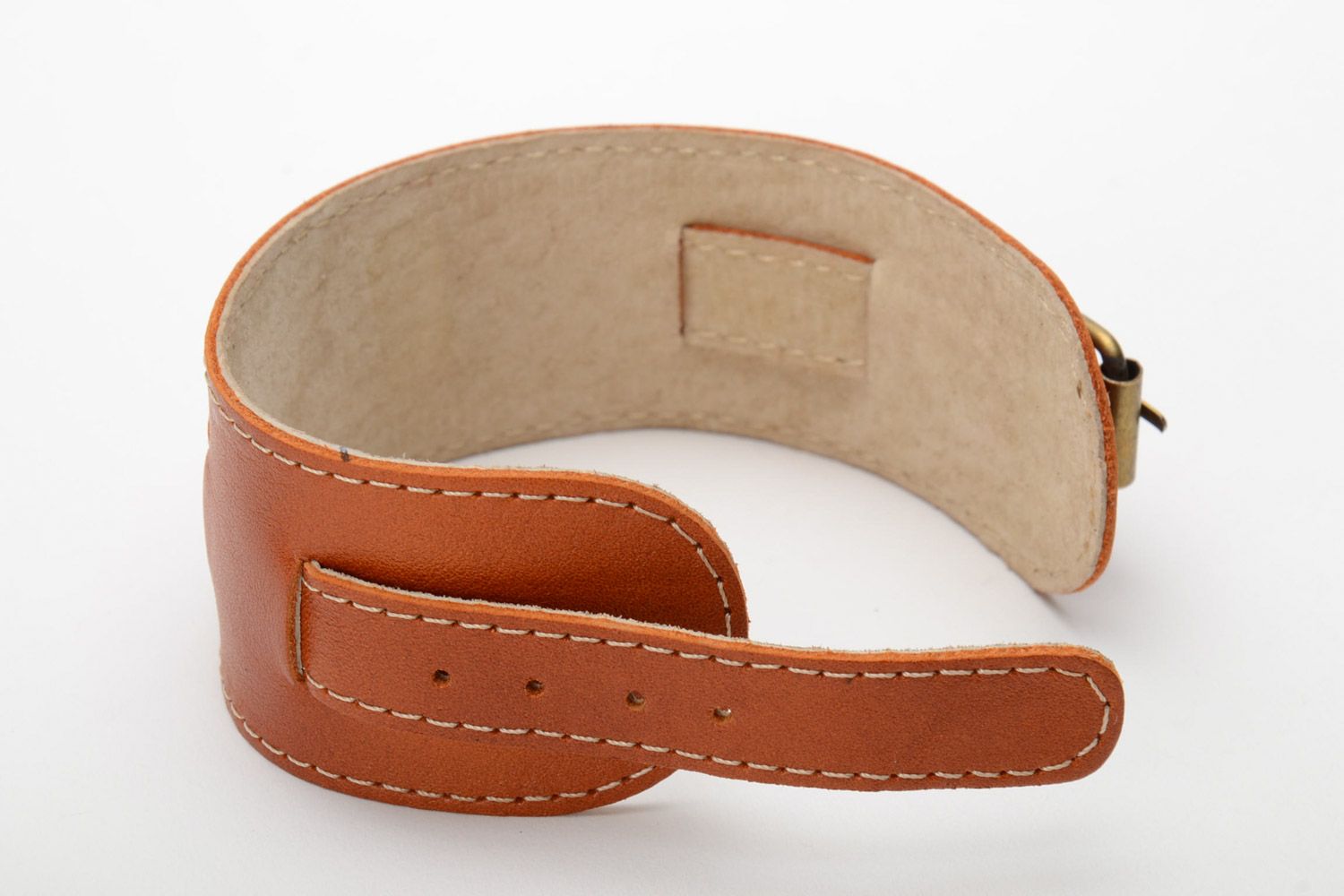 Light brown broad handmade genuine leather wrist bracelet with metal fittings photo 4