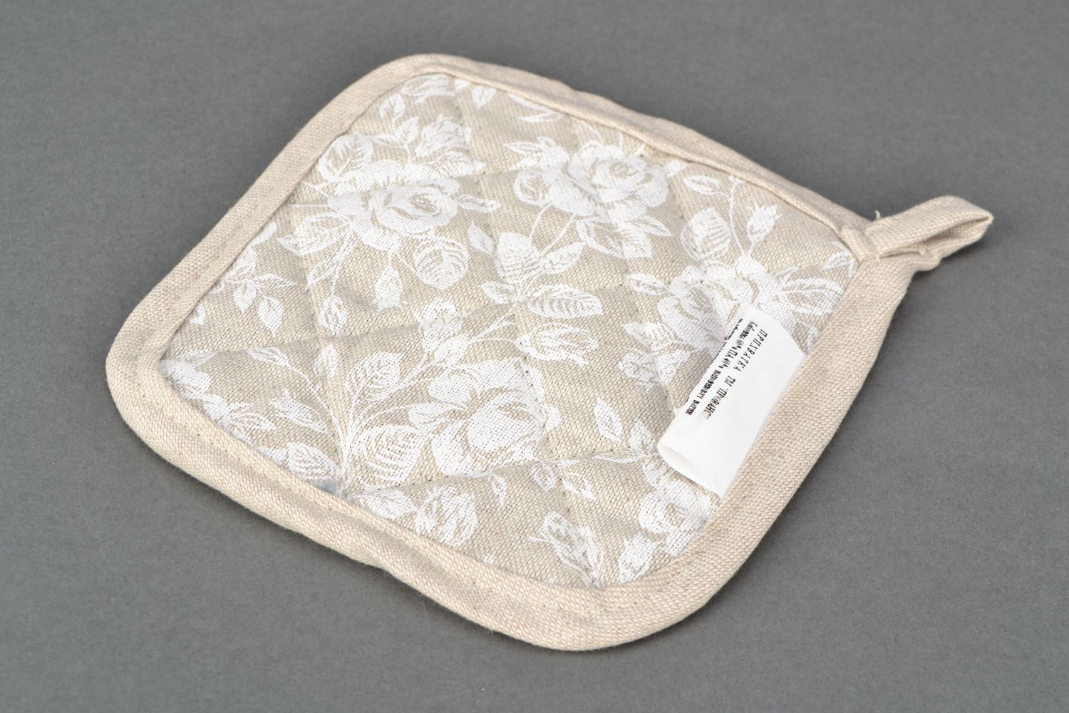 Manique en tissu beige avec dentelle carrée faite main pour cuisine Rose Blanche photo 4