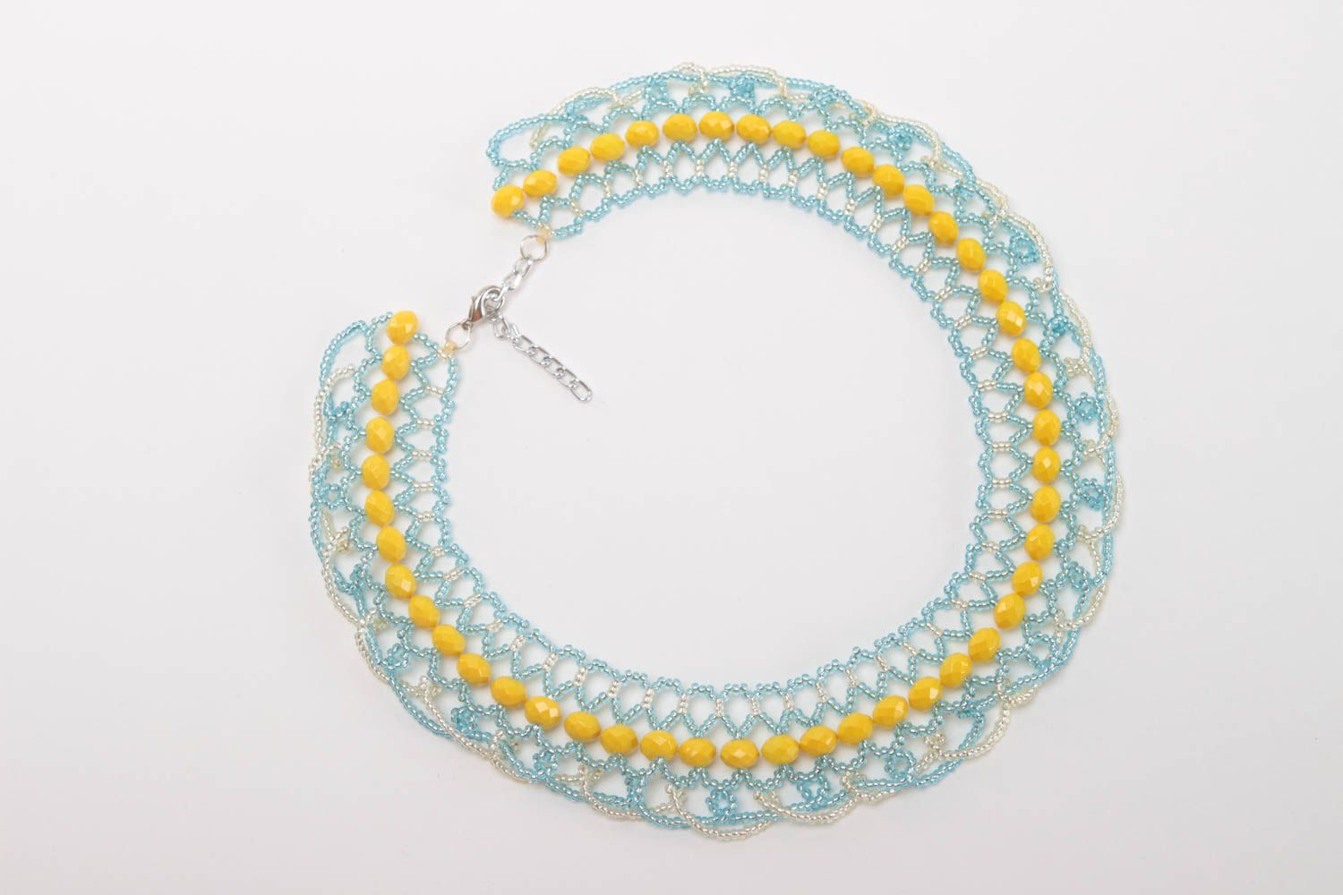 Collier perles rocaille Bijou fantaisie fait main jaune bleu Accessoire femme photo 2