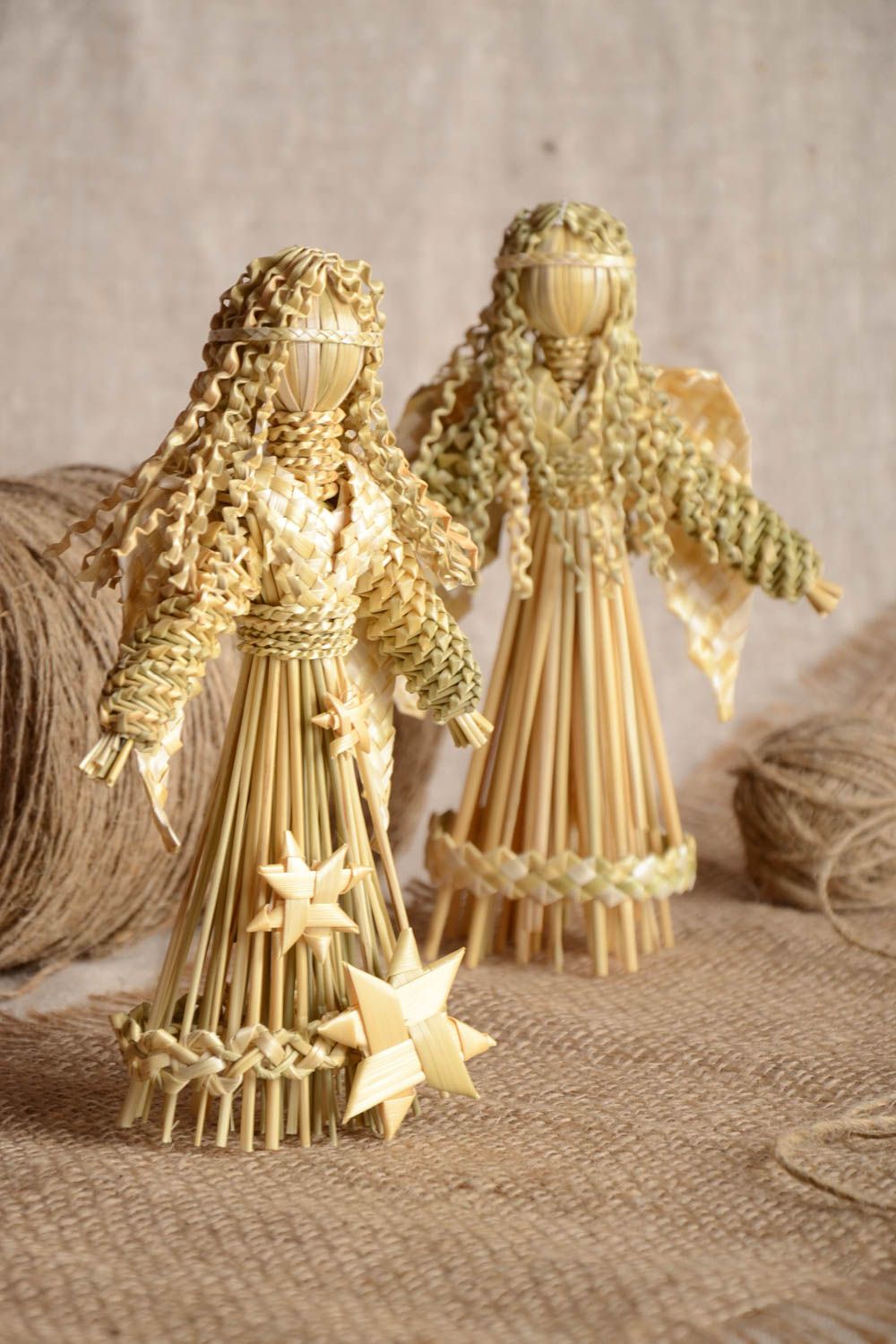 Set of toys made of natural straw unusual beautiful angels home decor 2 pieces photo 1
