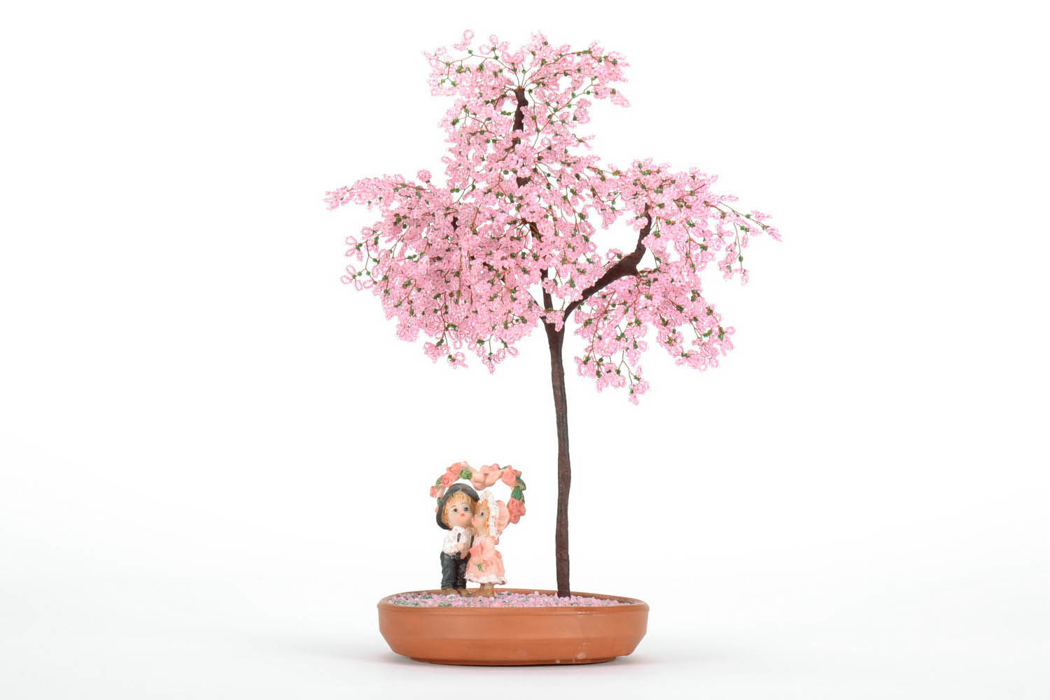 Petit arbre décoratif rose en perles de rocailles photo 2