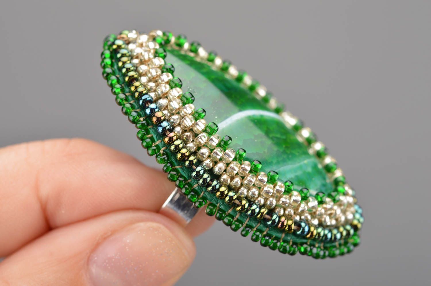 Handmade designer massive jewelry ring with natural green agate and beads photo 2