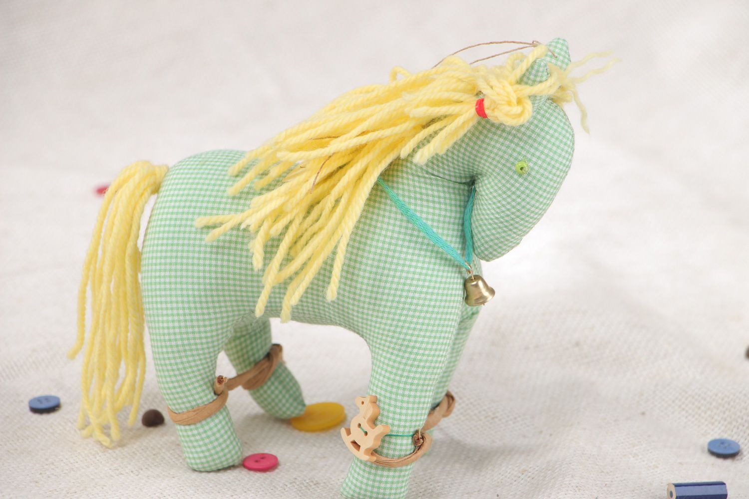 Handmade soft toy sewn of light green checkered cotton Horse with yellow mane photo 5