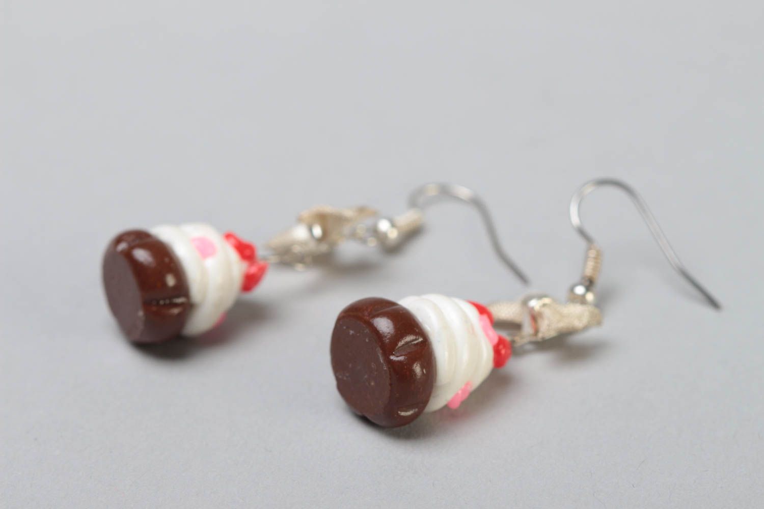 Handmade designer polymer clay dangling earrings with colorful cupcakes photo 3