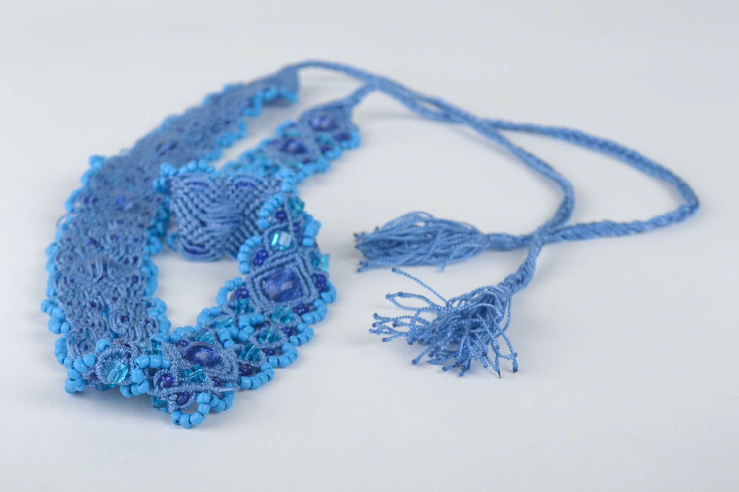 Пояс ручной работы пояс для талии плетеный женский пояс голубой с бисером фото 4