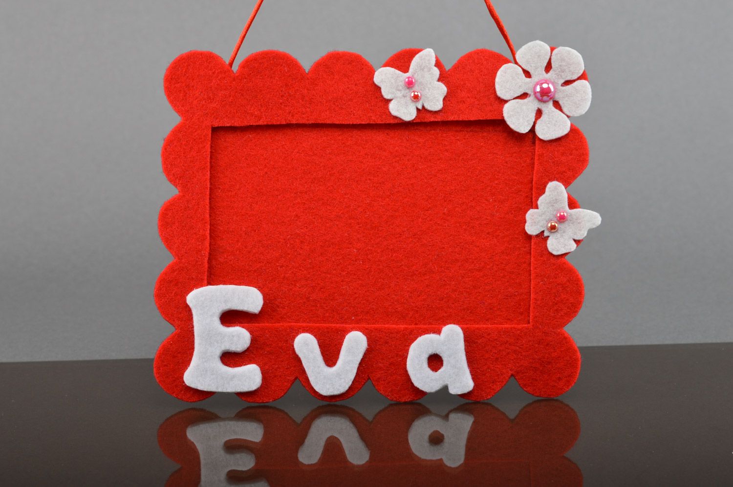 Handmade red felt wall photo frame with baby's name Eva photo 1