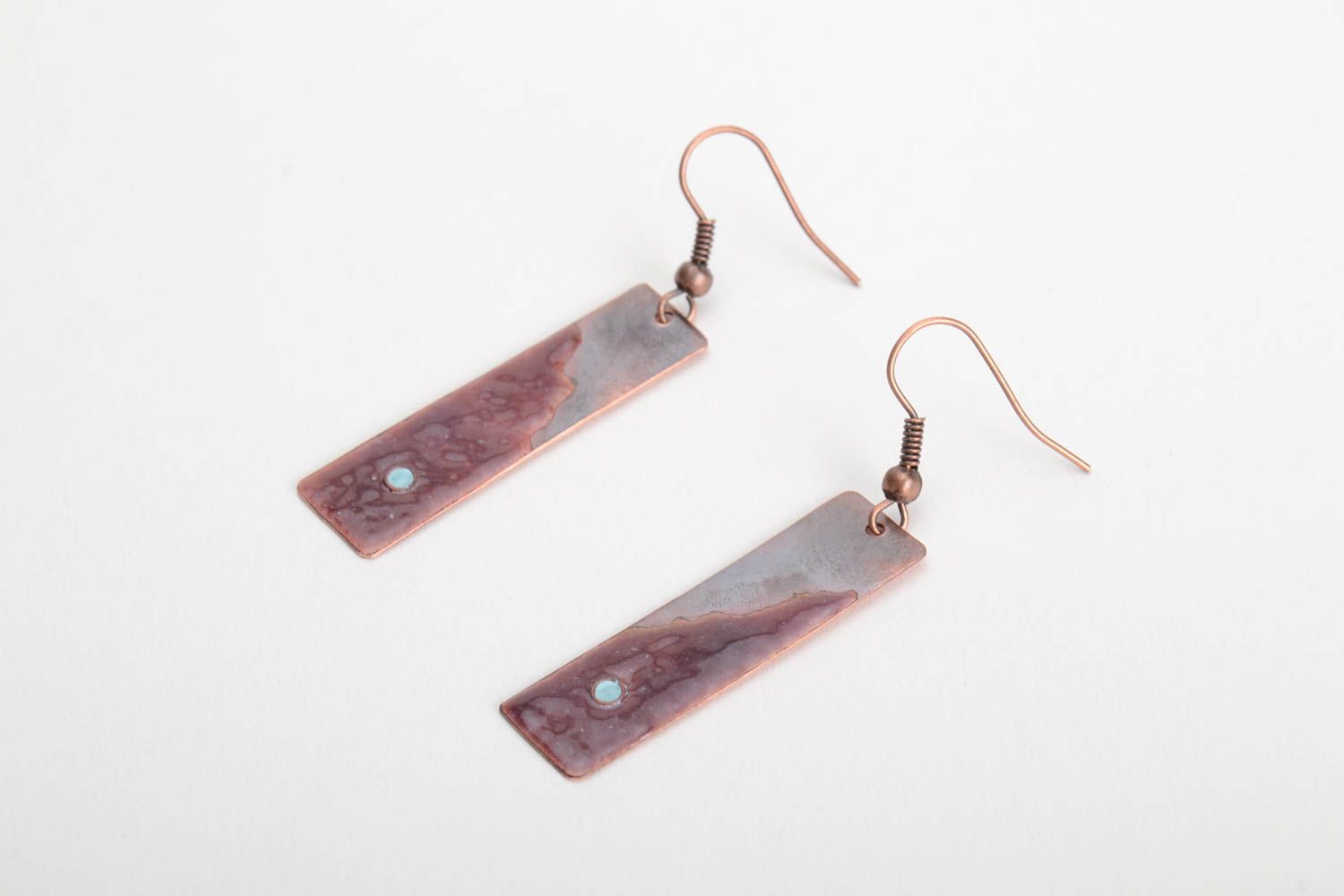Handmade long copper earrings with hot enamel painting stylish accessory photo 2