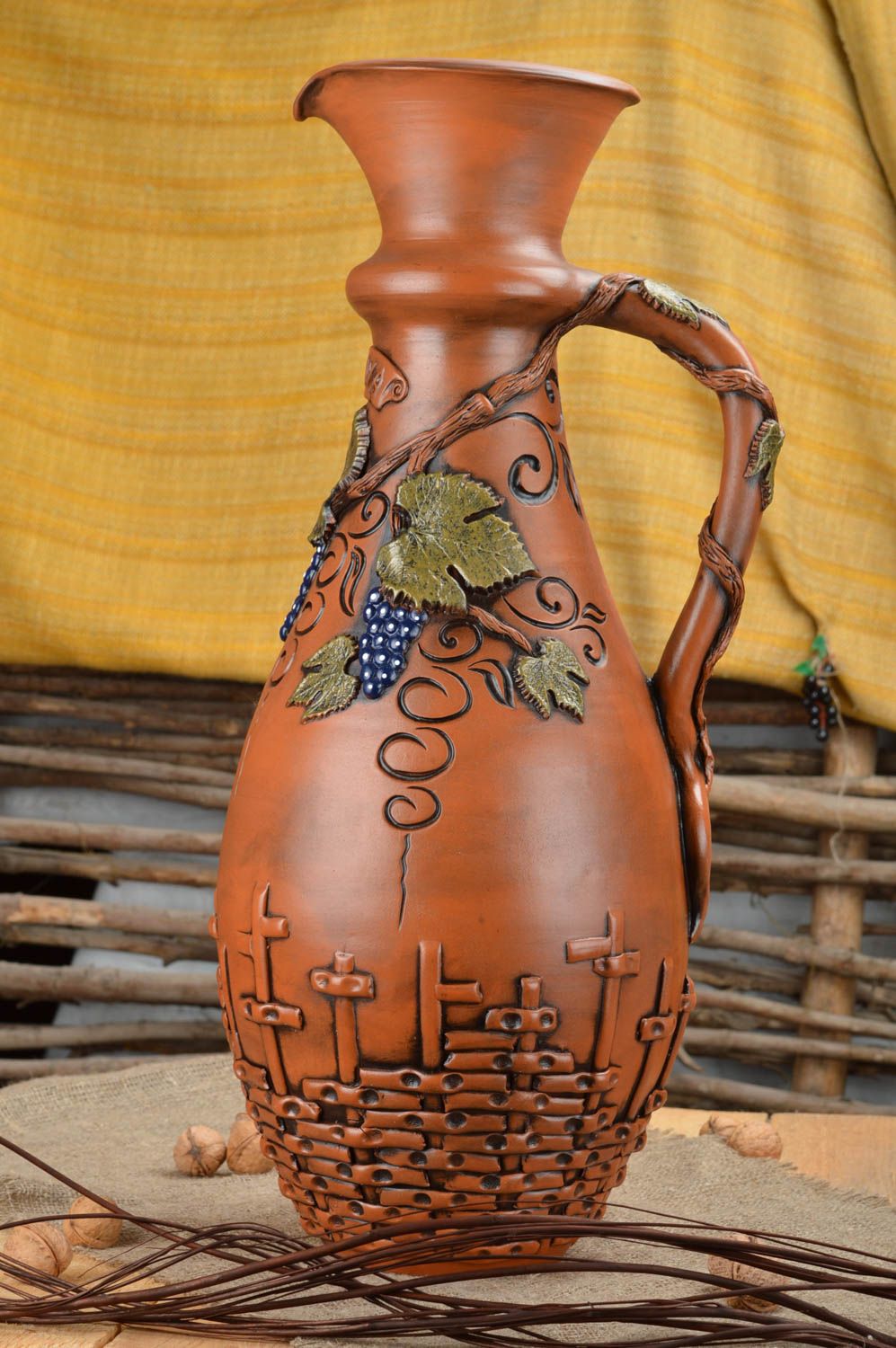 Vase à poser au sol décoratif fait main en céramique peint forme de cruche 8 L photo 1