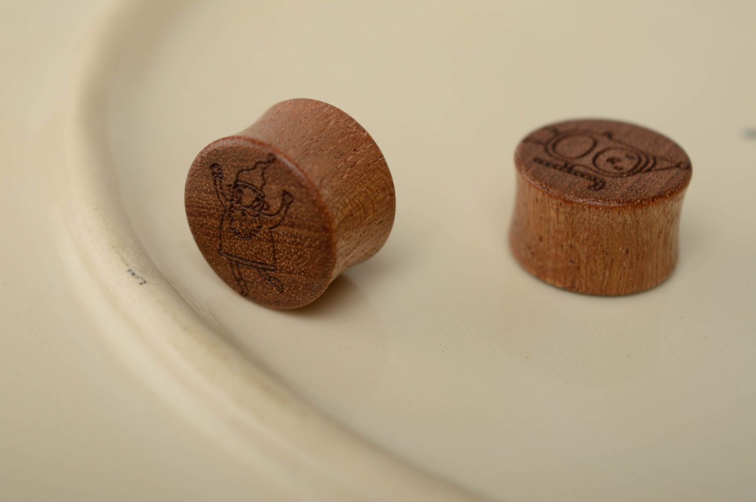 Sapele wood plug earrings with images of penguin and Father Frost photo 4