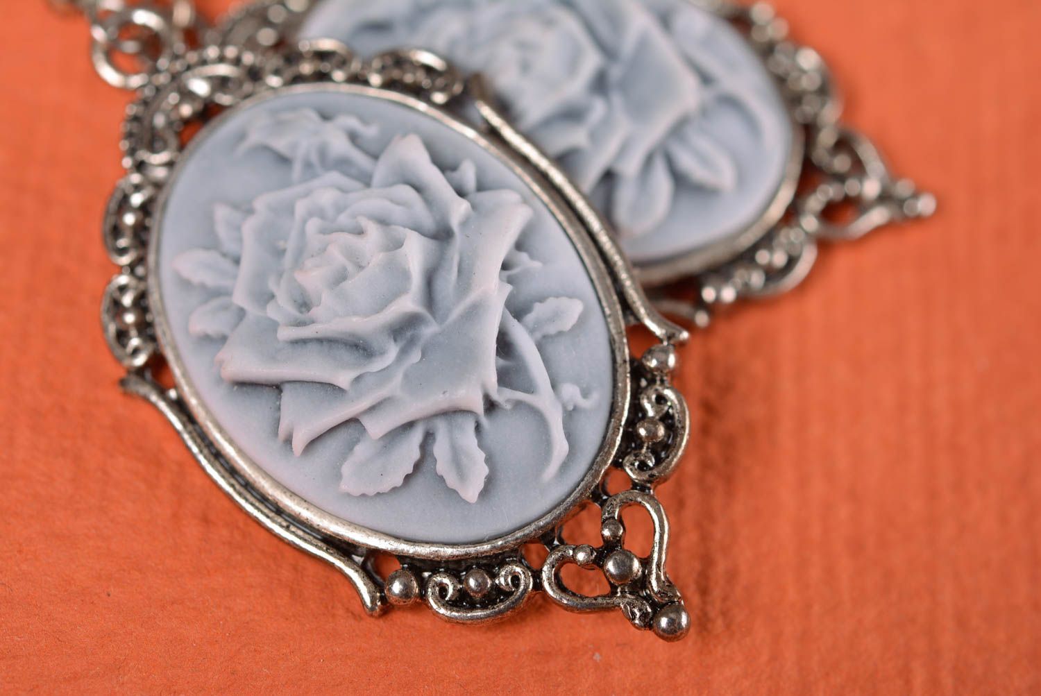 Handmade stylish earrings with cameos charms made of polymer clay and metal  photo 3