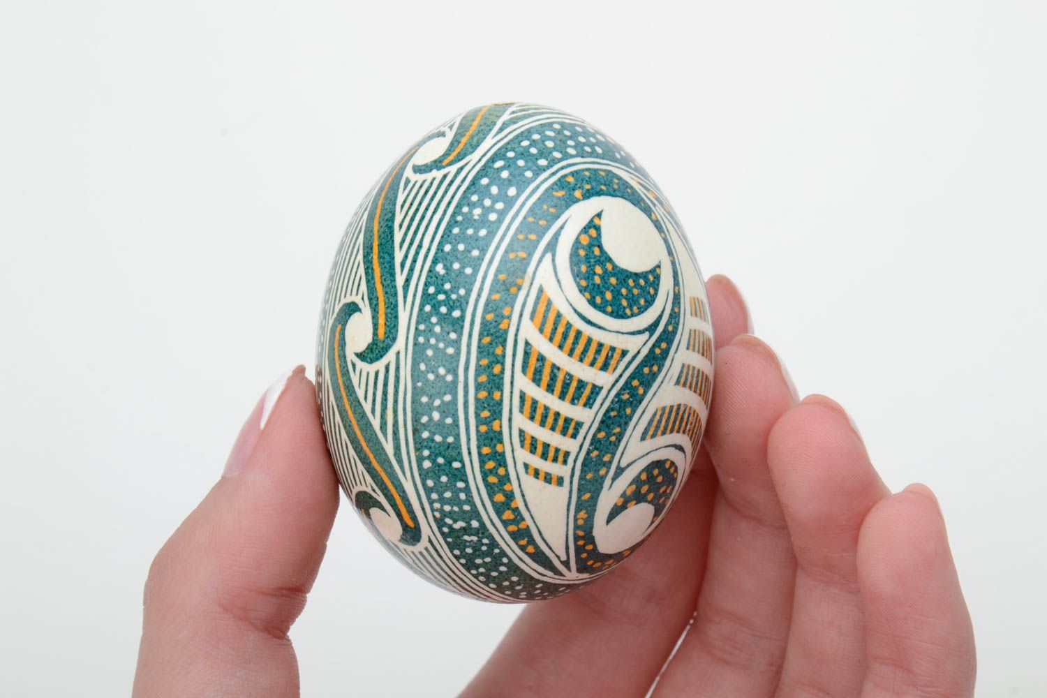 Handmade decorative chicken egg painted in green color shades Easter pysanka photo 5