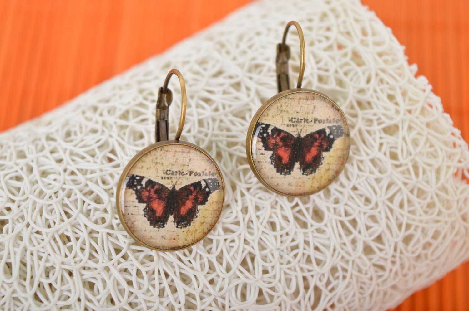 Серьги ручной работы круглые серьги красивые женские серьги с принтом Бабочки фото 1