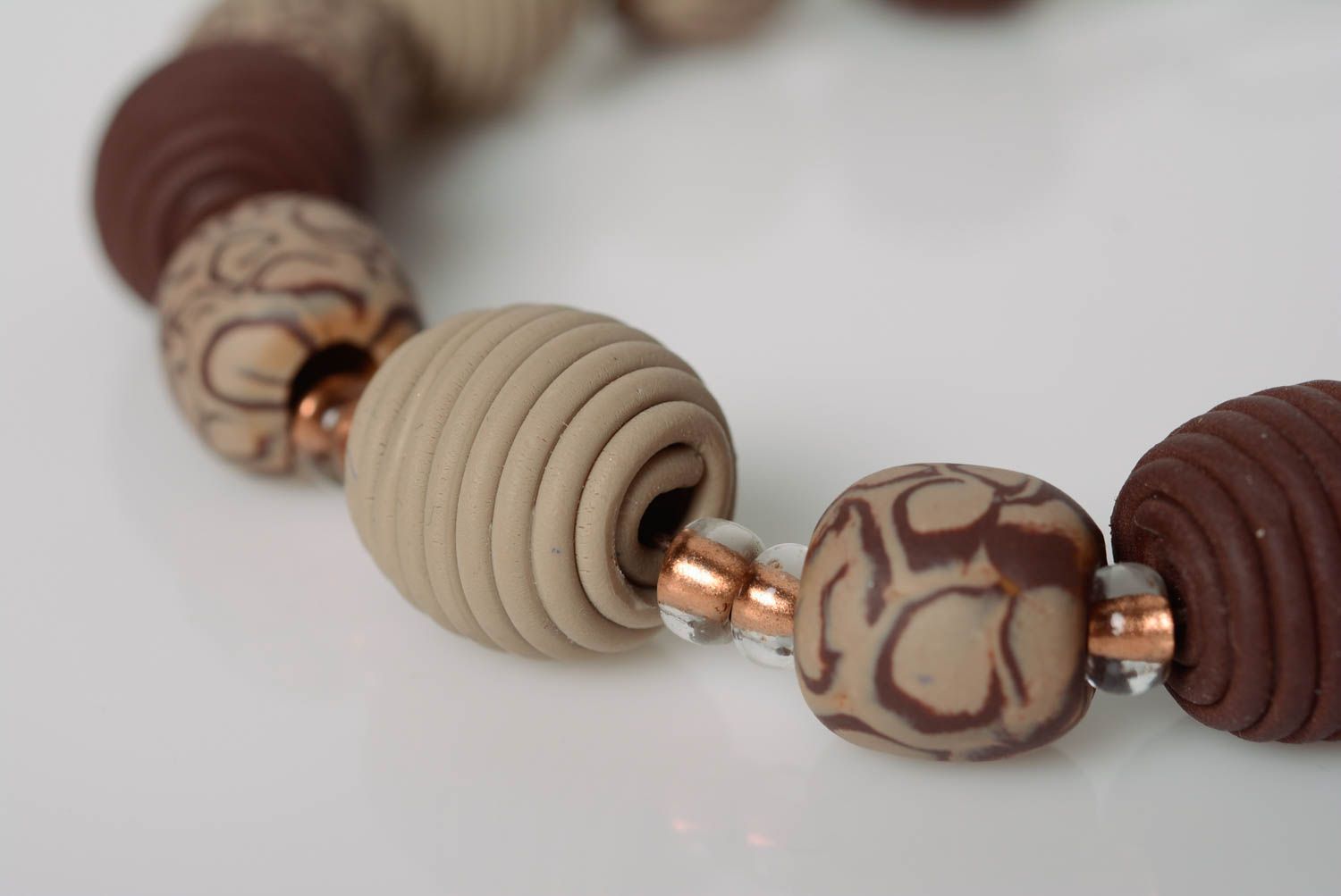 Handmade brown necklace made of polymer clay with large beads handmade on waxed cord photo 5