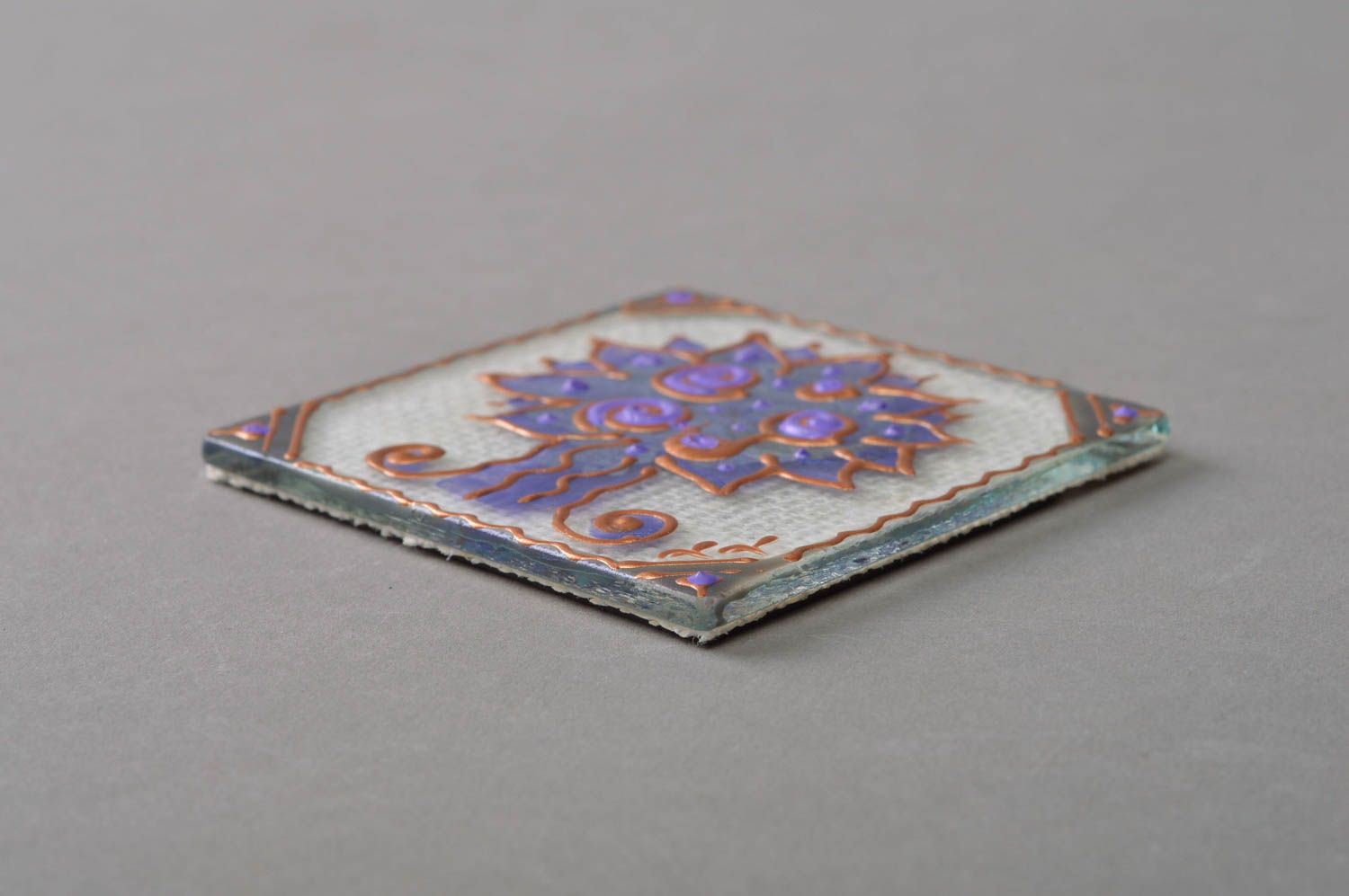 Авторский стеклянный магнит с росписью квадратный ручной работы синий фото 3