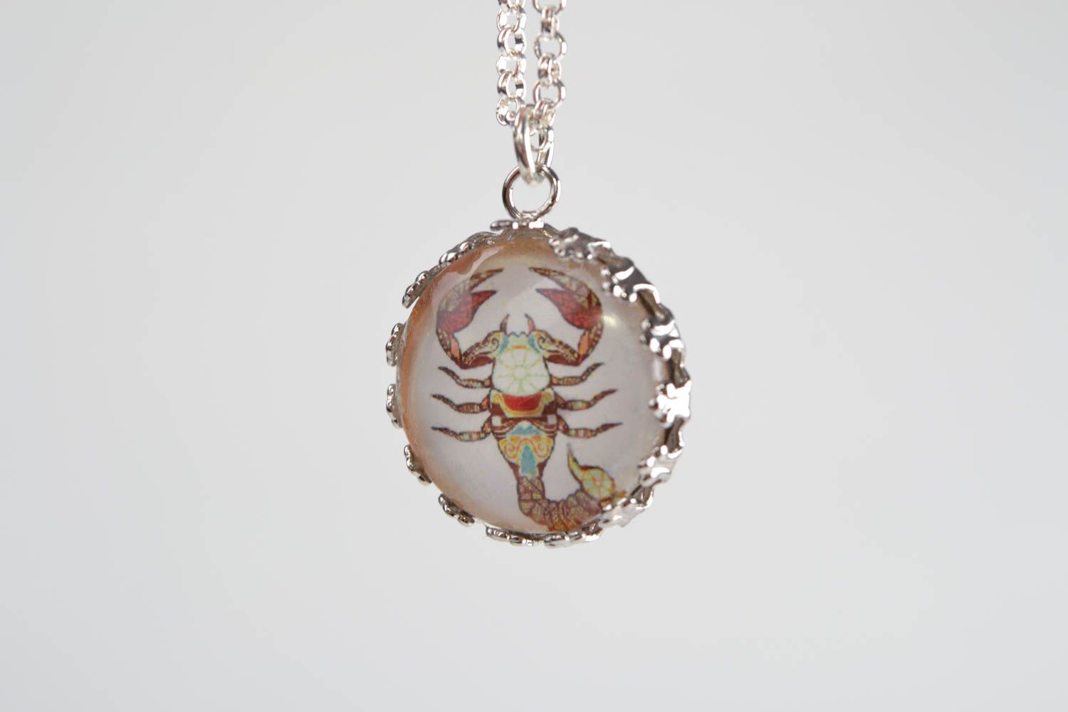Handmade designer round white glass pendant with Scorpio symbol on metal chain photo 4