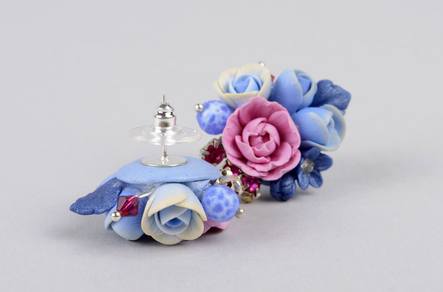 Stud earrings with flowers handmade polymer clay earrings plastic accessories photo 2
