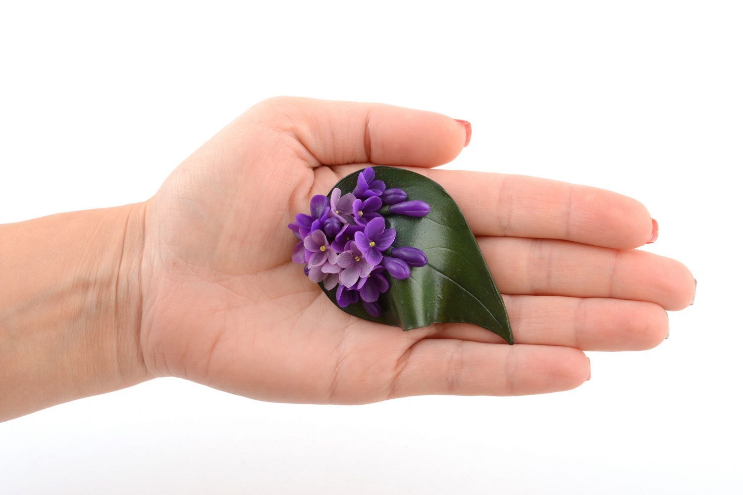 Blumen Handmade Brosche mit grünem Blatt und lila Blumen für festlichen Look foto 5