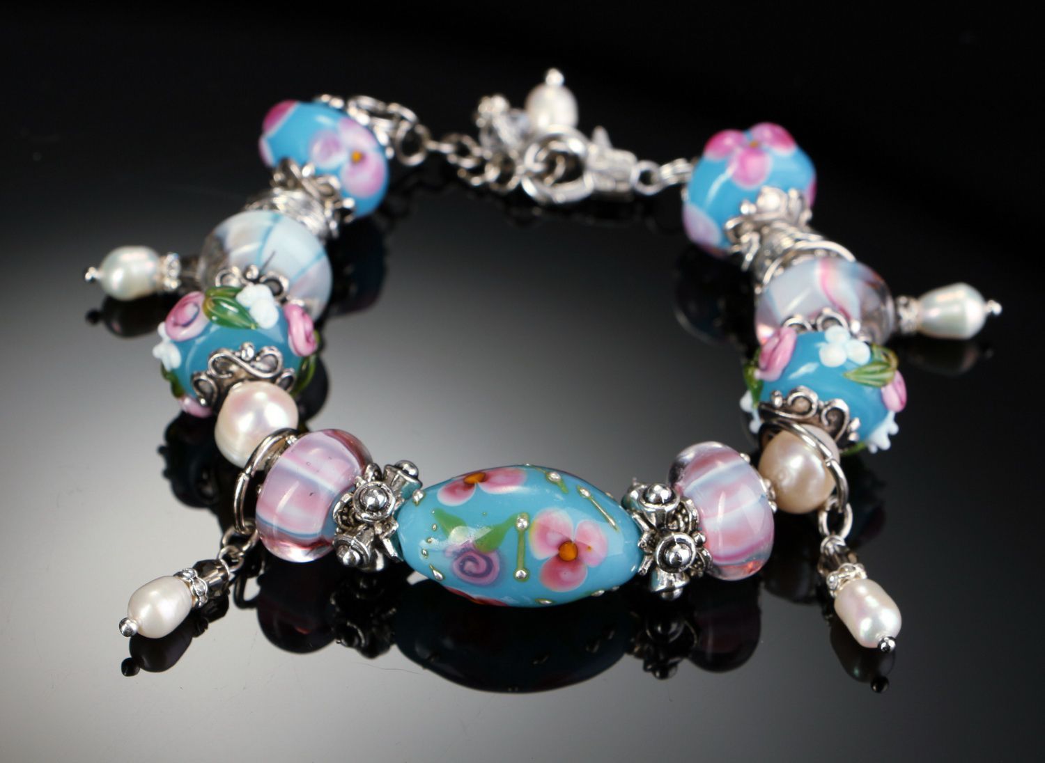 Bracelet fait main en perles d'eau douce et verre italien Shabby chic photo 3