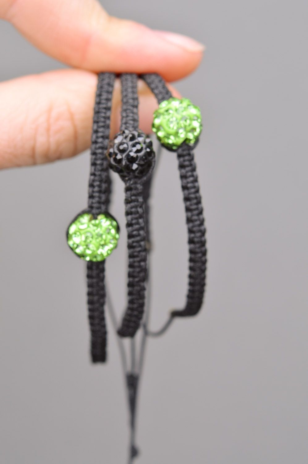 Set of handmade textile bracelets woven of threads and beads 3 items Black and Green photo 3