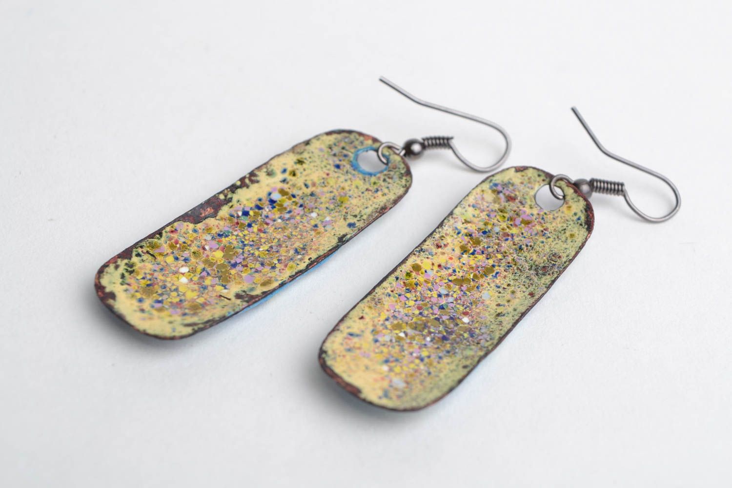 Handmade unusual long dangling blue enameled copper earrings with relief pattern photo 5