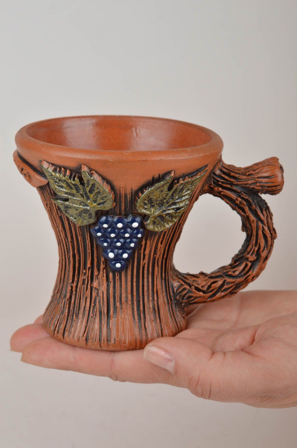 5 oz clay glazed wine cup with grape leaves in brown color photo 3