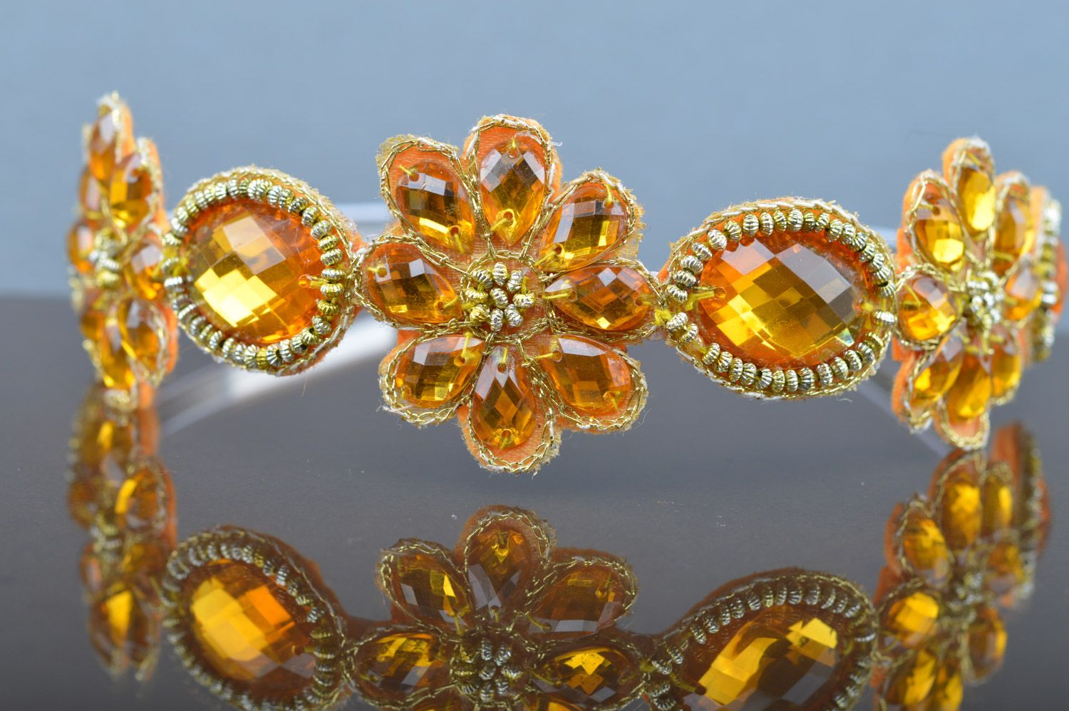 Unusual elegant orange handmade headband with stones and beads on felt basis photo 1