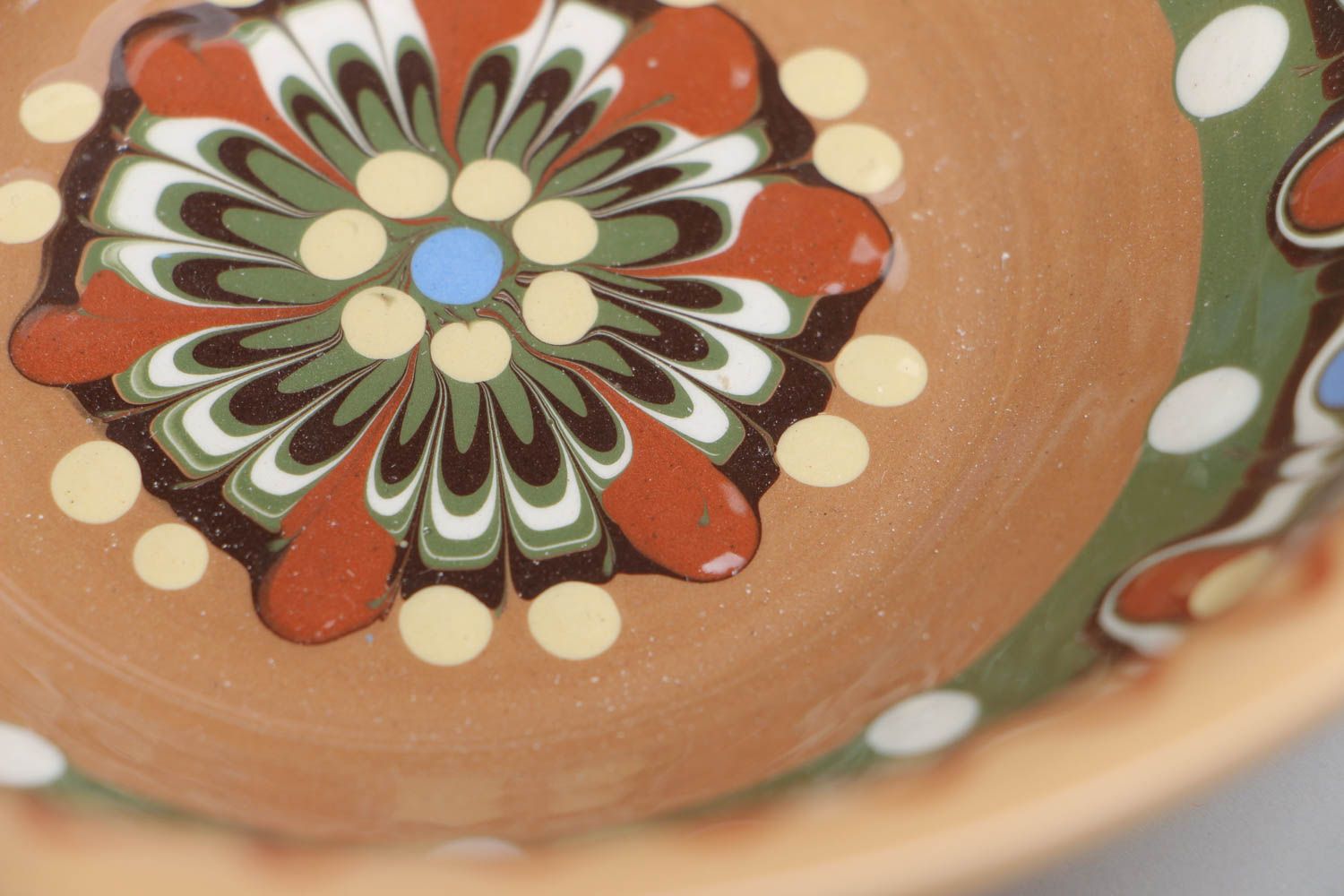 Handmade large red clay bowl with ornament coated with colorful glaze 500 ml photo 4