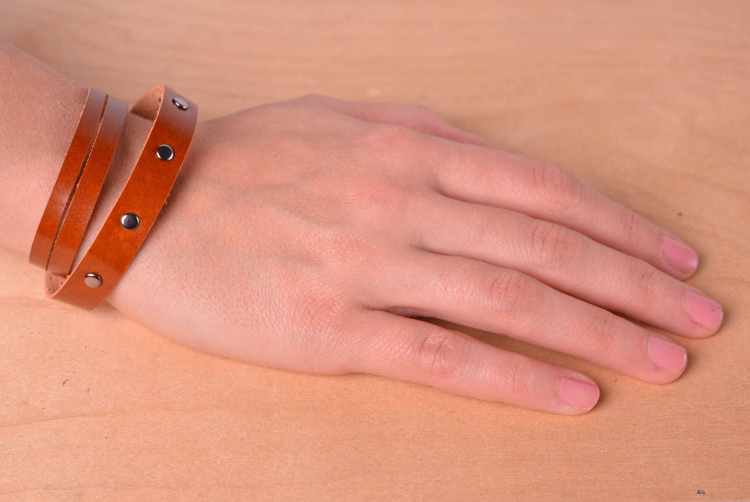 Handmade brown wrist bracelet unusual leather bracelet stylish accessory photo 2