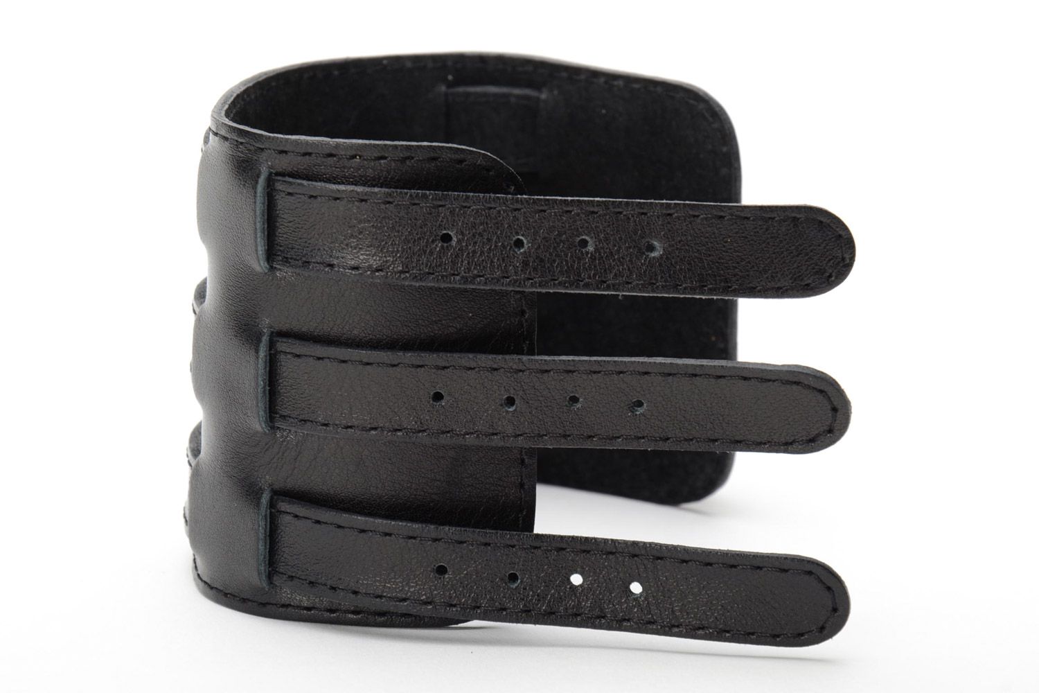 Wide handmade black genuine leather wrist bracelet with three buckles unisex photo 4