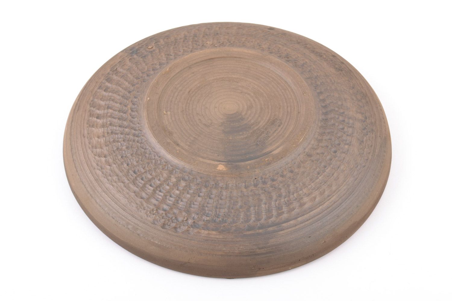 Handmade flat round ceramic plate of brown color kilned with milk for kitchen photo 4