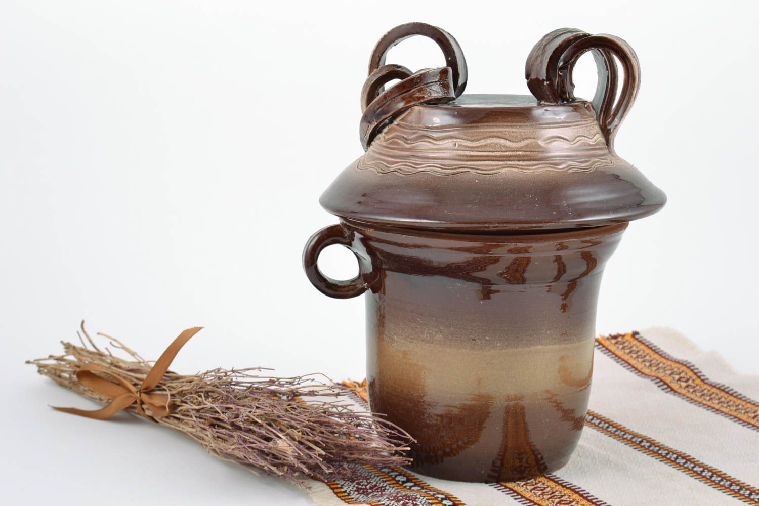 Handmade decorative ceramic glazed pot with lid for bulk products 1 L photo 1