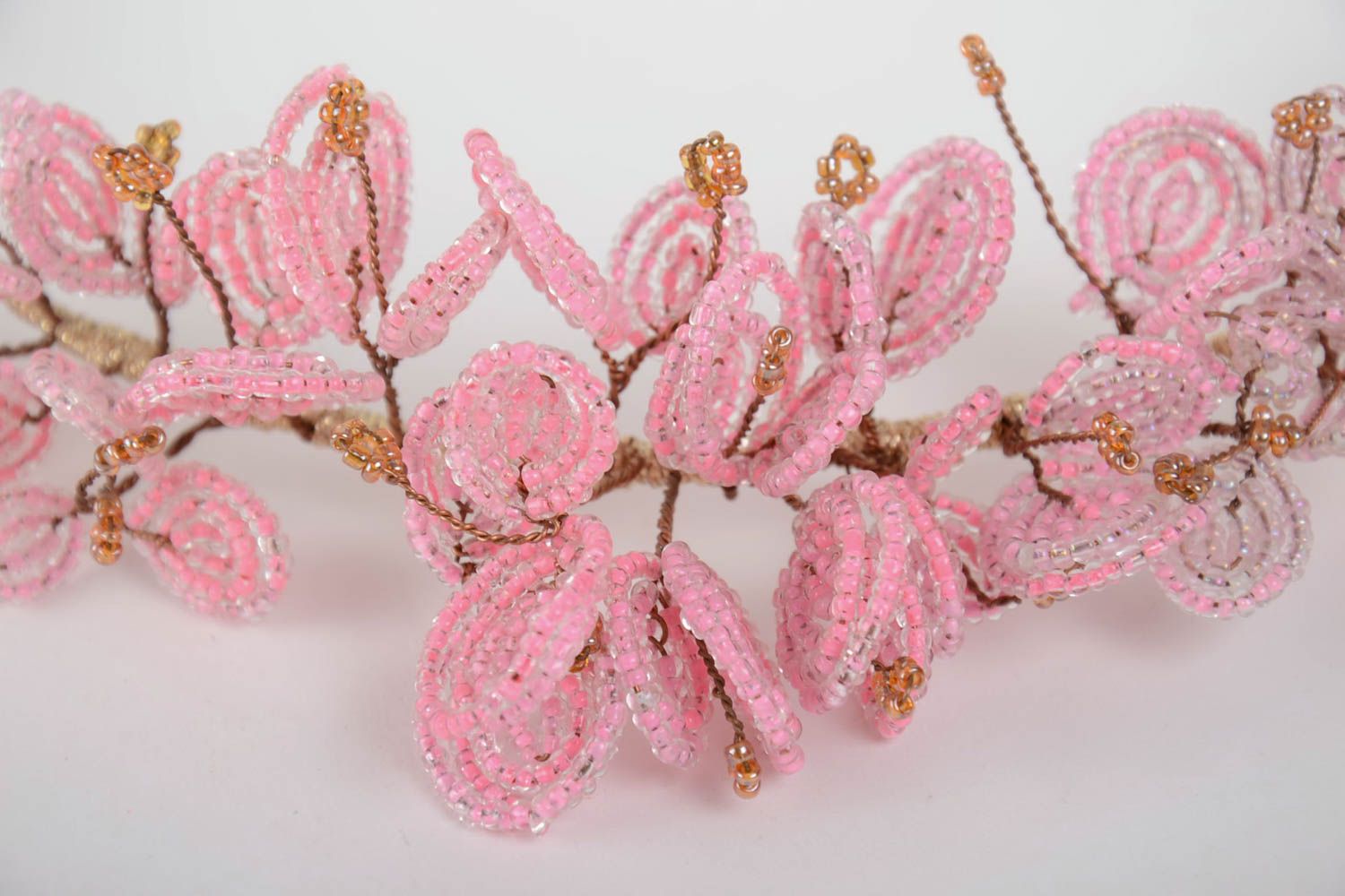 Handmade decorative thin headband with tender pink beaded flowers with ribbon photo 4