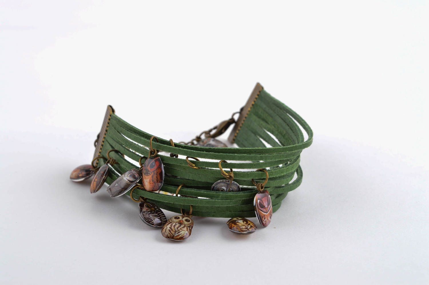 Зеленый браслет ручной работы кожаный браслет необычный украшение из кожи фото 3