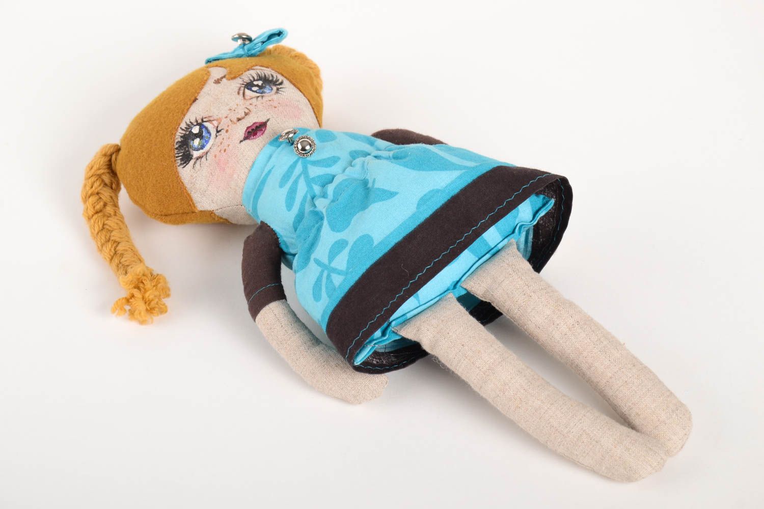 Handmade rothaarige Designer Puppe Stoff Spielzeug schöne Puppe im blauen Kleid foto 6