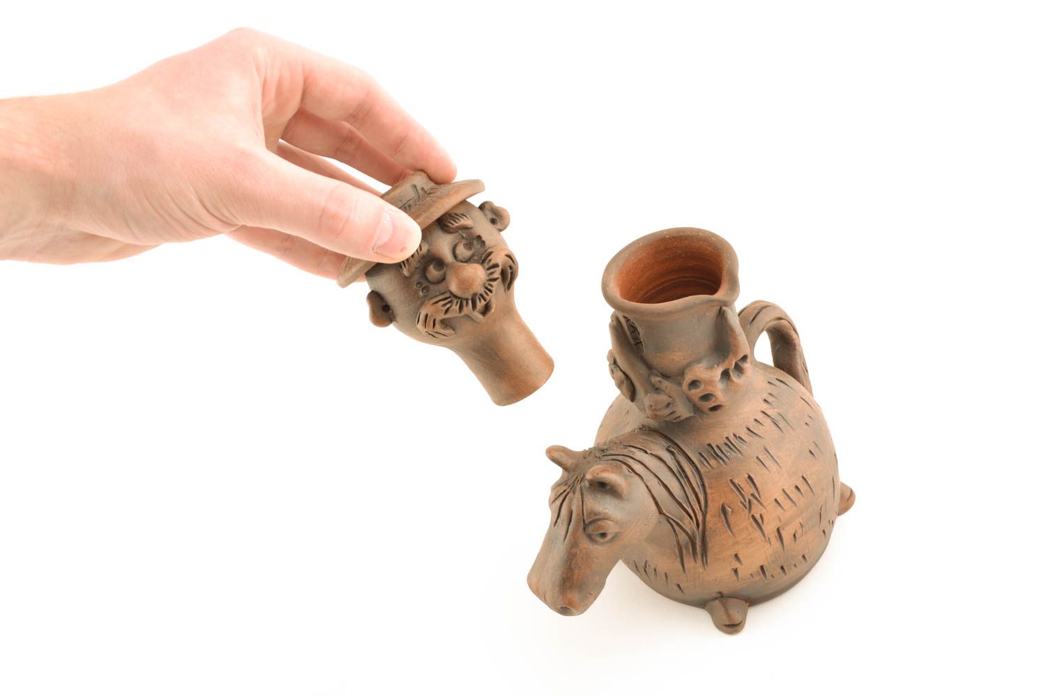 10 oz ceramic wine carafe pitcher Man on Horse handmade pottery 1,5 lb photo 3