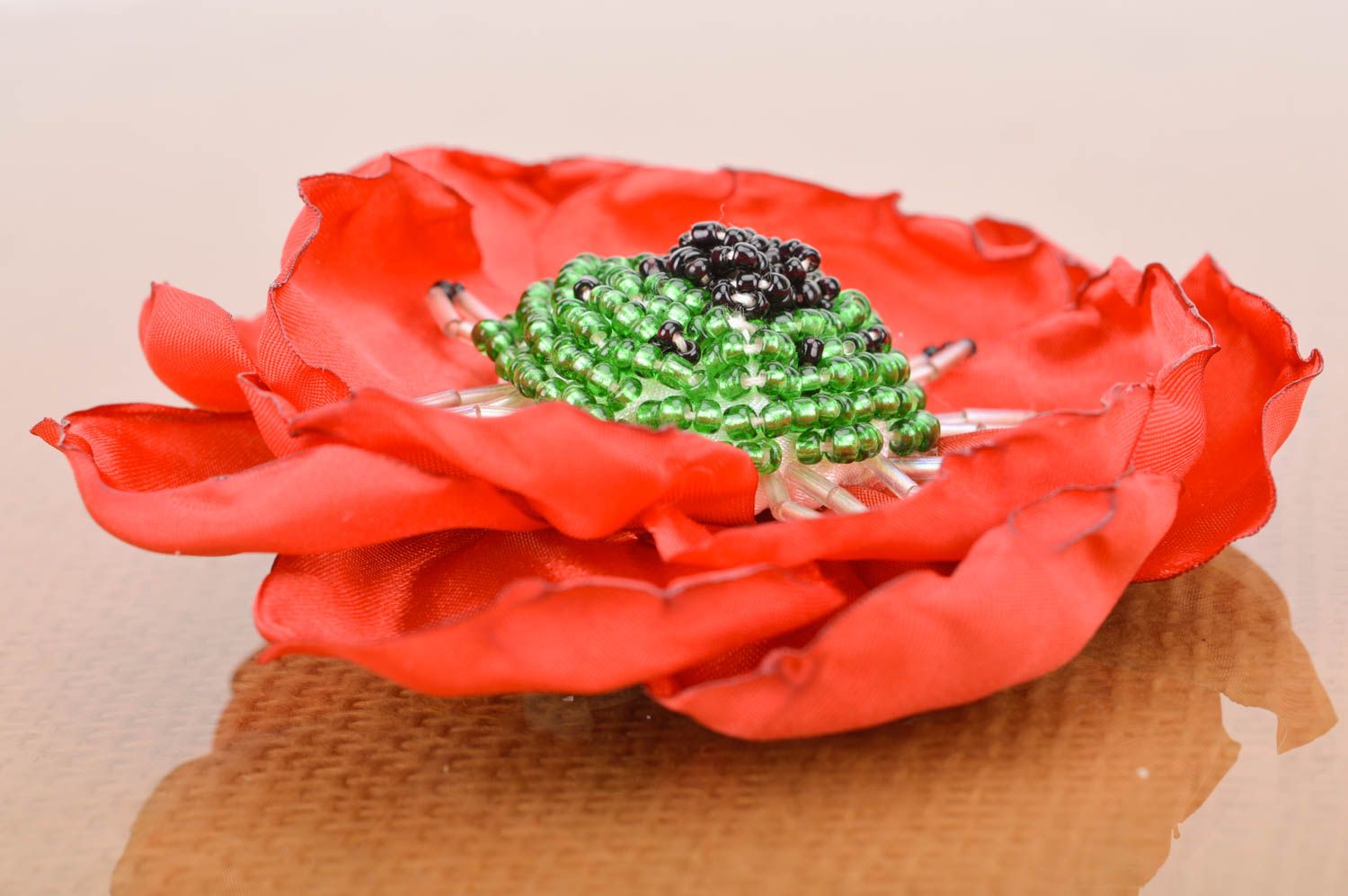 Handmade hair clip brooch with fabric flower embroidered with beads red poppy photo 4