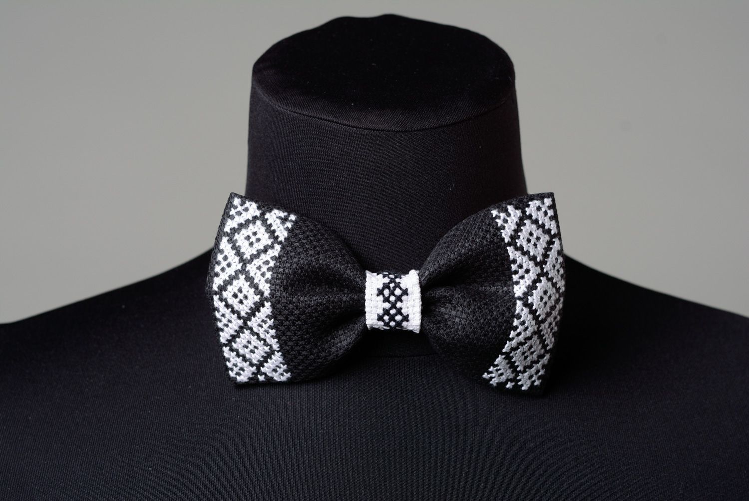 Handmade ethnic bow tie with cross stitch embroidery in black and white colors photo 1