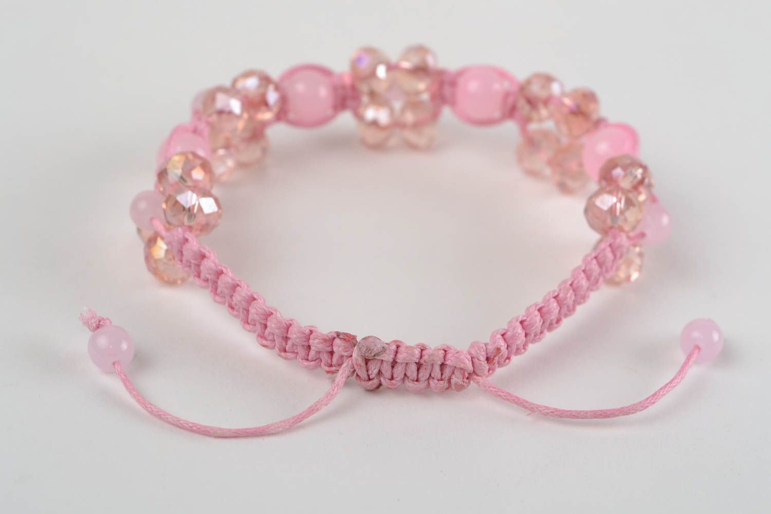 Pink handmade bracelet made of Czech glass and lace using macrame technique photo 5
