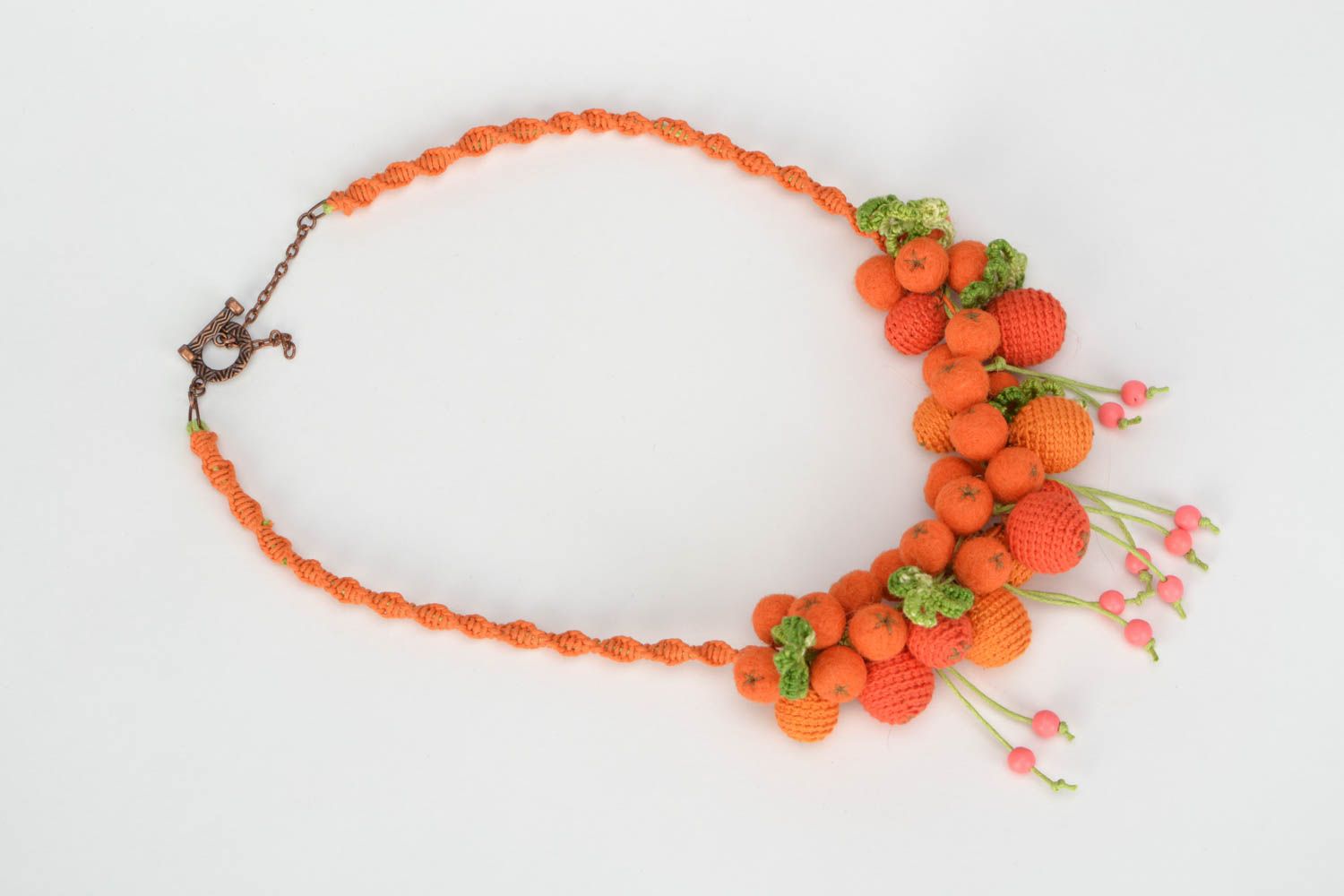 Handmade bead necklace crocheted over with cotton threads in the shape of mountain ash berries photo 5