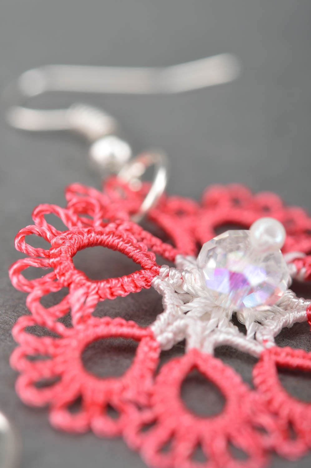 Crocheted tatting earrings small pink handmade summer accessory for girls photo 4