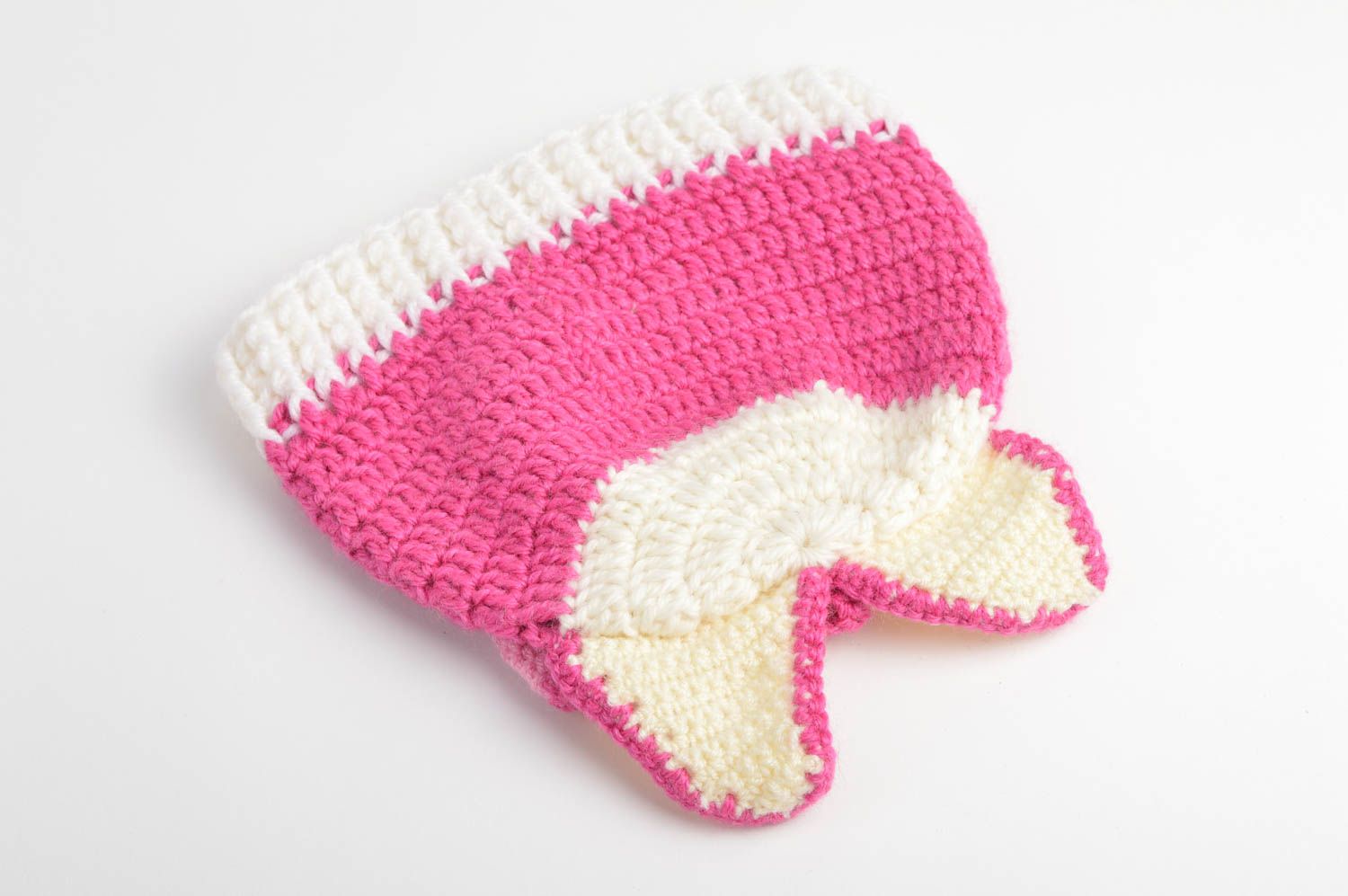 Bonnet tricot Chapeau au crochet laine acrylique rose blanc Vêtement enfant photo 4