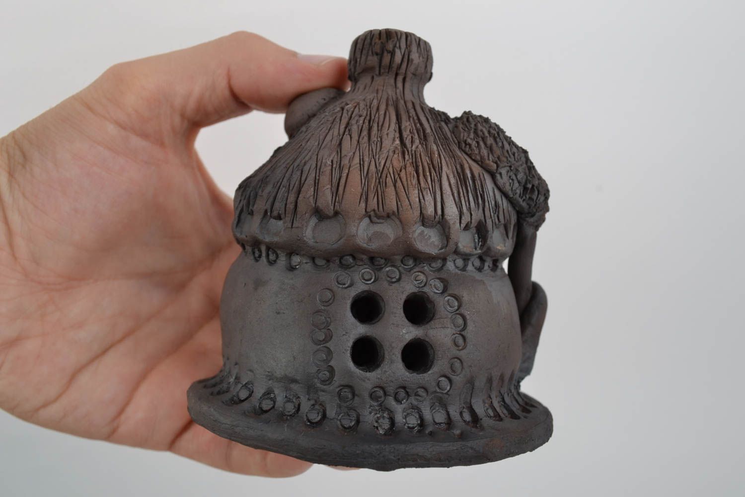 Handmade decorative dark ceramic ethnic money box in the shape of small house  photo 2