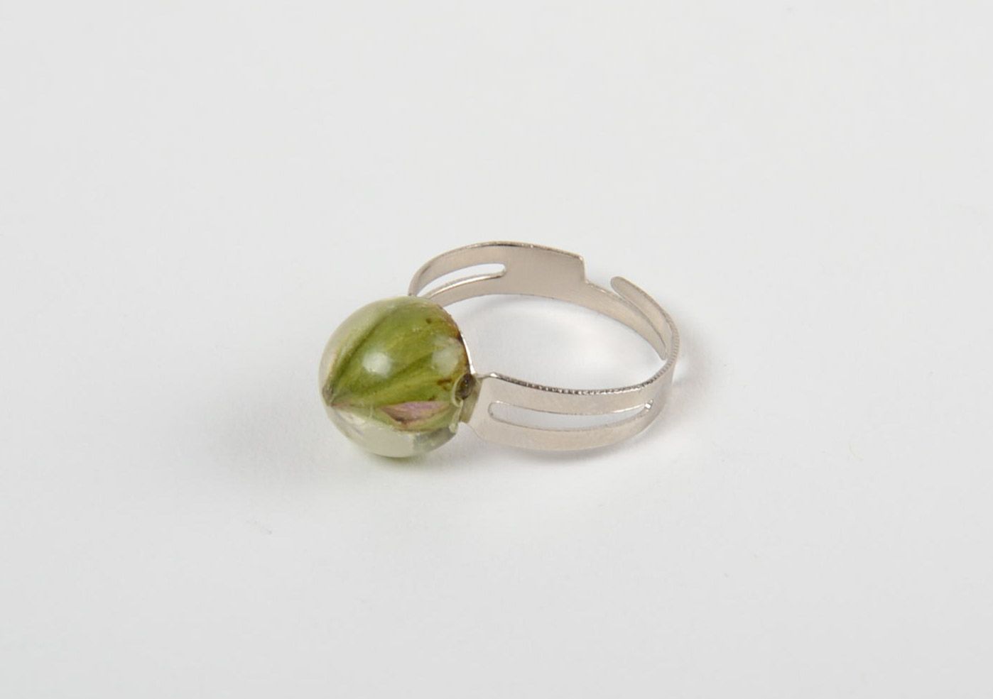 Tender small handmade ring with natural plant green leaf in epoxy resin  photo 4