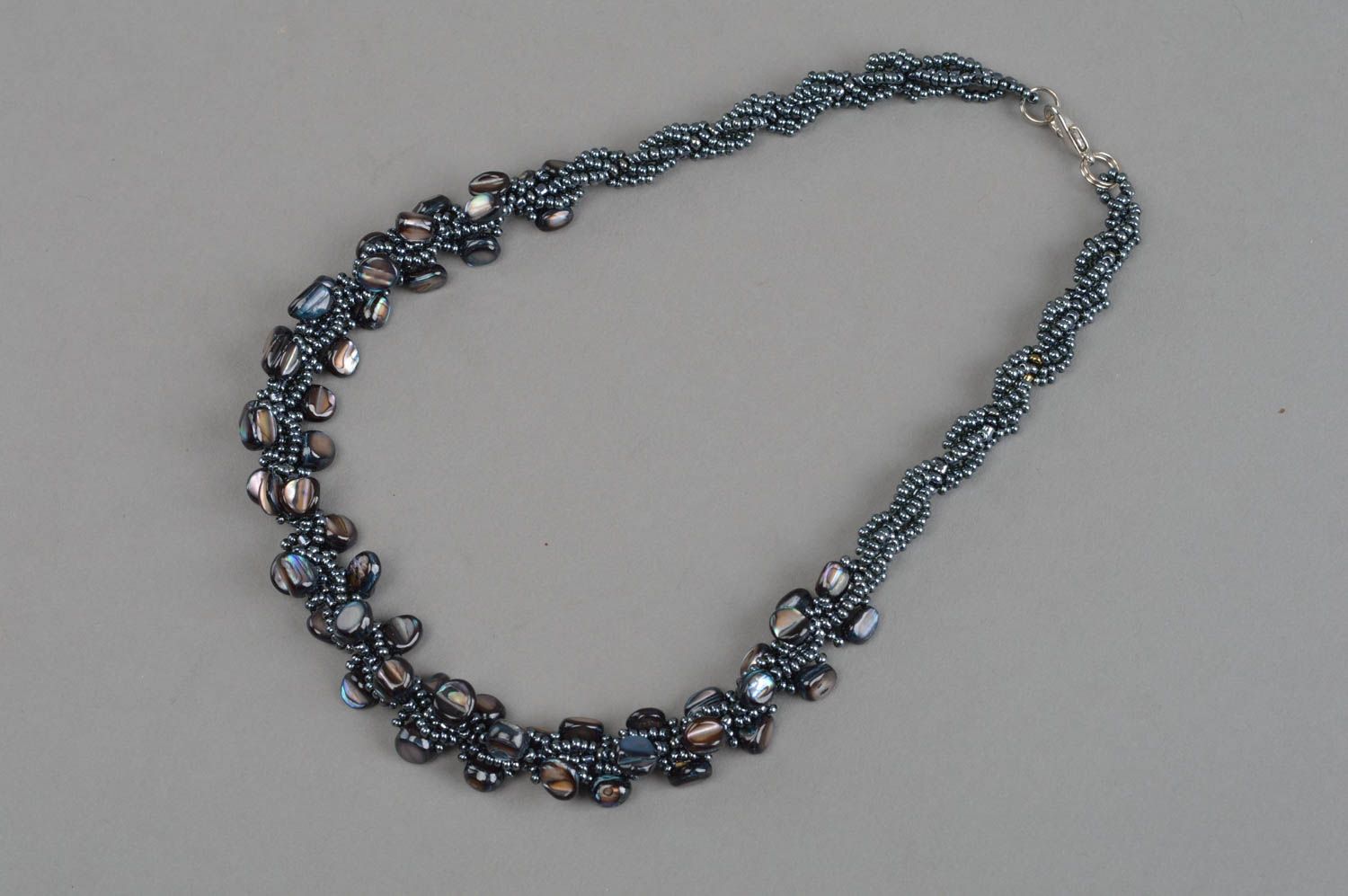 Beautiful black handmade designer beaded necklace with nacre evening jewelry photo 4