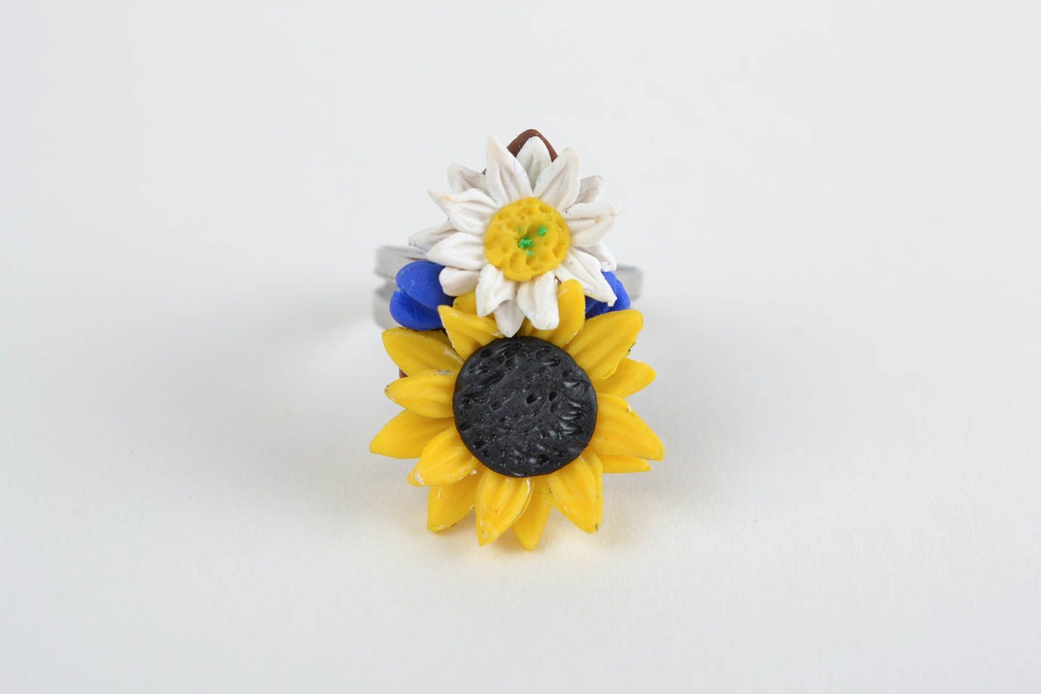 Beautiful handmade designer polymer clay flower ring Camomile and Sunflower photo 3